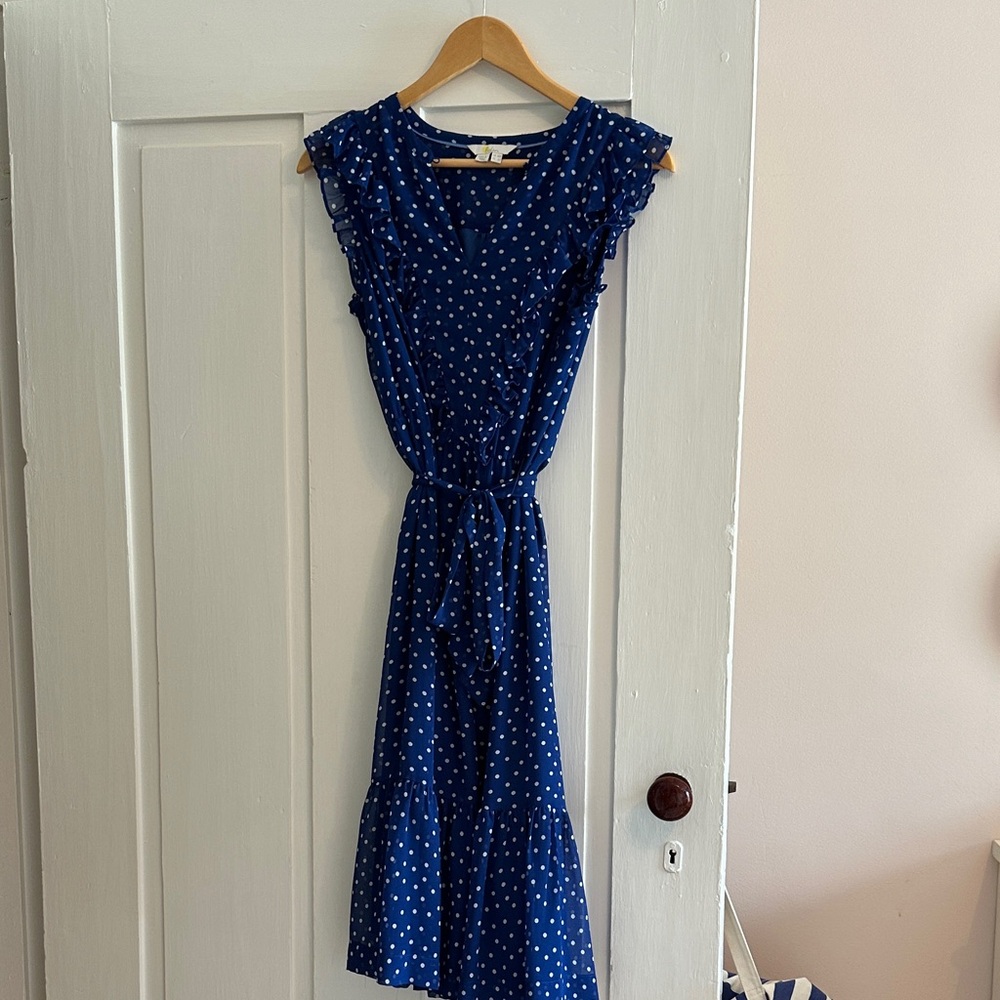 Boden Navy and White Polka Dot Midi Dress